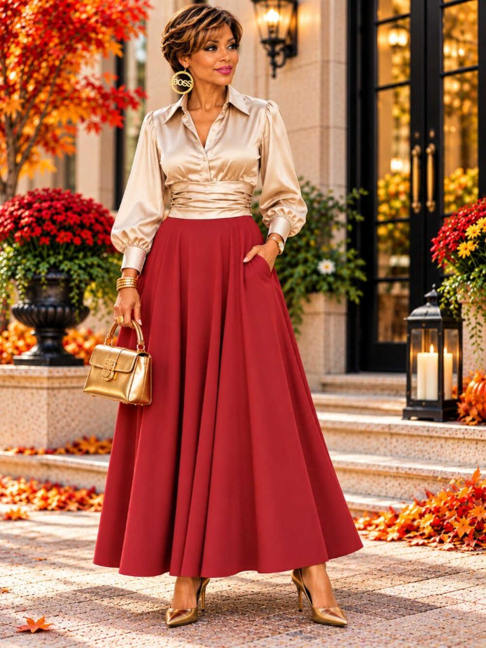 Red High Waist A-Line Maxi Skirt with Pockets Size XXL